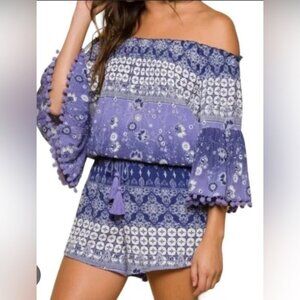 Raga Anthropologie Luana Off-The-Shoulder Romper Pom Pom sleeve Sz XS